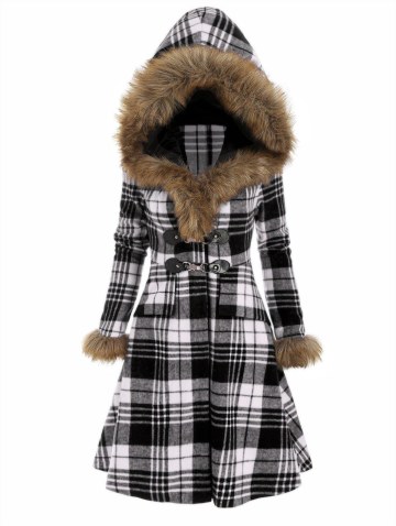 Plaid Faux Fur Hood Longline Coat