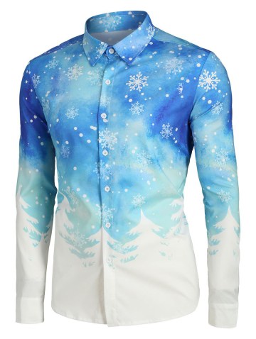 Plus Size Christmas Tree And Snowflake Print Button Up Shirt