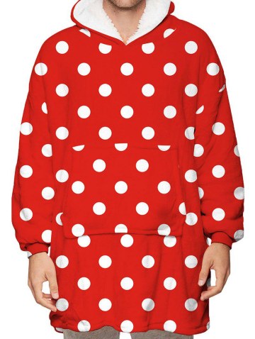 Polka Dot Print Kangaroo Pocket Fleece Blanket Hoodie