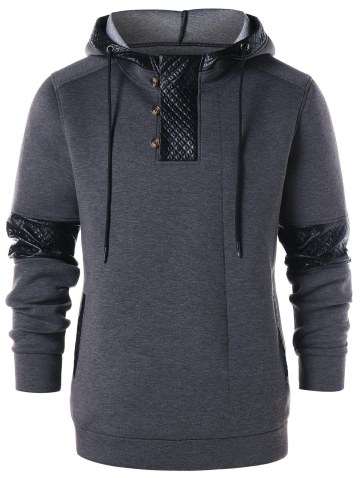 Pu Leather Panel Button Embellished  Hoodie