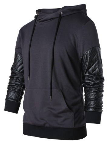 Pu Leather Panel Drawstring Hoodie