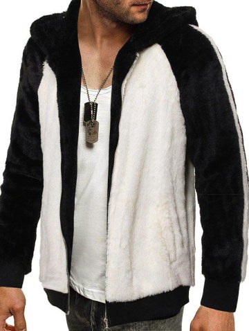 Raglan Sleeve Hooded Contrast Faux Fur Fluffy Jacket