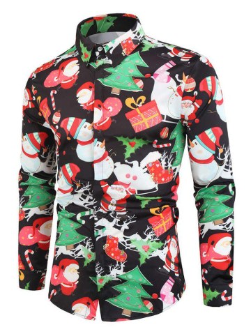 Santa Snowmen Christmas Tree Print Long Sleeve Shirt