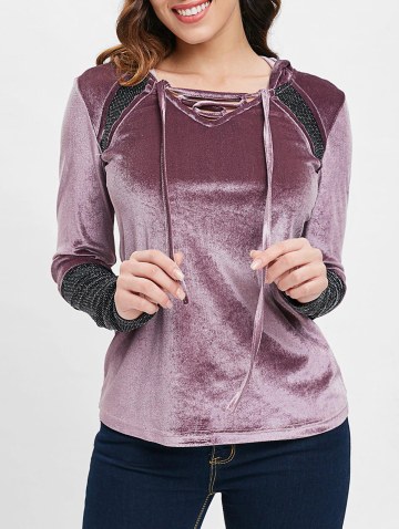 Shiny Panel Long Sleeve Velvet Hooded T-shirt