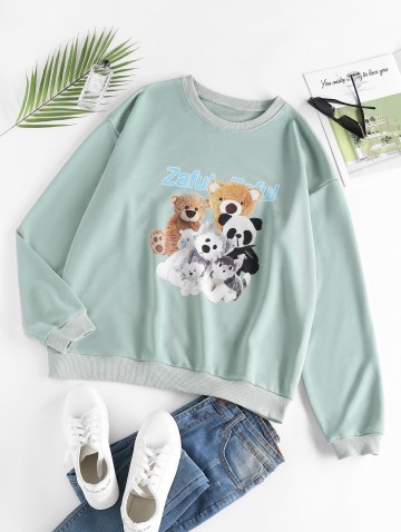 Slogan Teddy Bear Print Drop Shoulder Sweatshirt