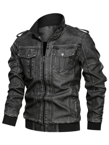 Solid Color Faux Leather Cargo Jacket