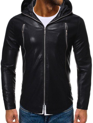 Solid Color Zipper Faux Leather Hooded Jacket