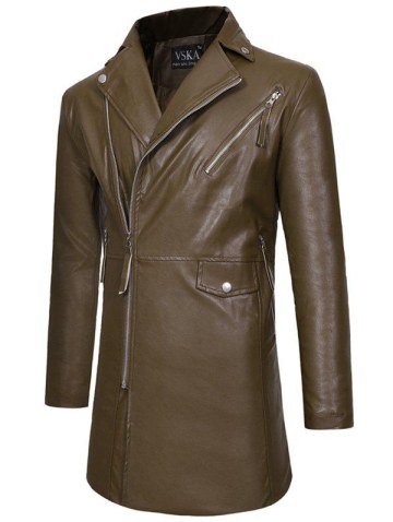 Solid Zipper Up Pocket Pu Trench Coat