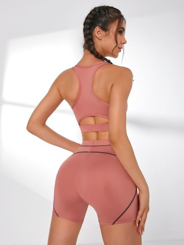 Sport Topstitching Racerback Cut Out Bra And Skinny Shorts Set