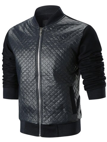 Stand Collar Checker Faux Leather Jacket