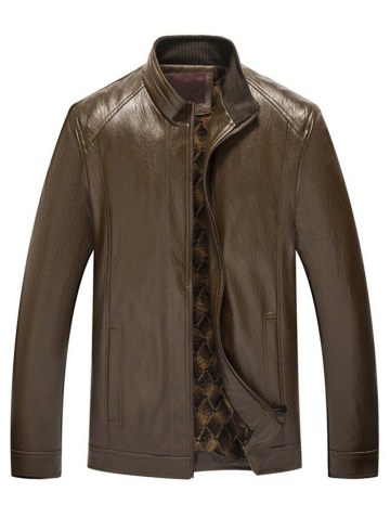 Stand Collar Zip Fly Pu Leather Jacket
