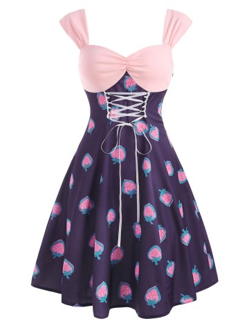 Strawberry Print Ruched Lace Up Vintage Dress