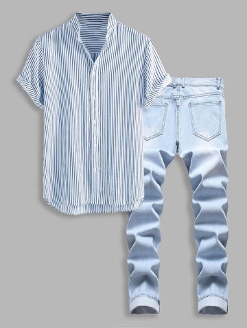 Striped High Low Shirt With Ripped Faded Demin Jeans Two Piece Set