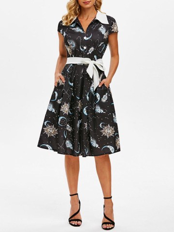 Sun Moon Star Mock Button Cap Sleeve Belted Dress