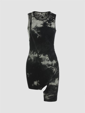 Tie Dye Ribbed Zipper Asymmetric Dress