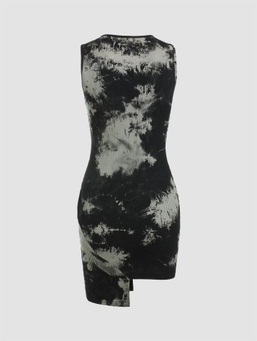 Tie Dye Ribbed Zipper Asymmetric Dress