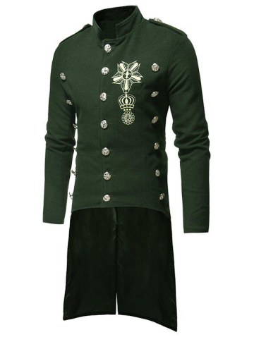 Triple Breasted High Low Hem Embroidery Woolen Coat