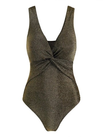 Twist-front Sparkly Metallic Thread One-piece Swimsuit