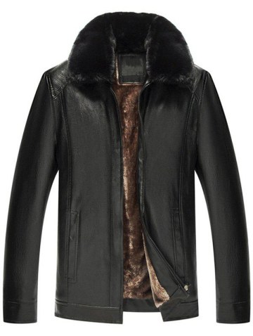 Zip Fly Fur Turn-down Collar Pu Leather Jacket