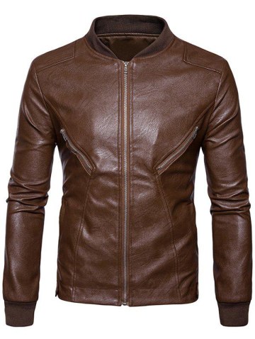 Zip Up Rib Panel Pu Leather Jacket
